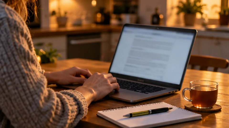 Person reading bonus terms on a laptop with a notepad at a kitchen table